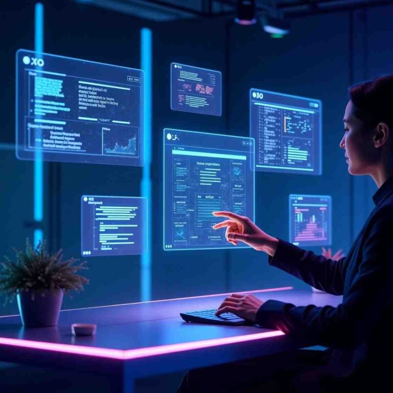 A futuristic digital workspace with holographic screens displaying AI websites to save time for writing, designing, video editing, and automation.