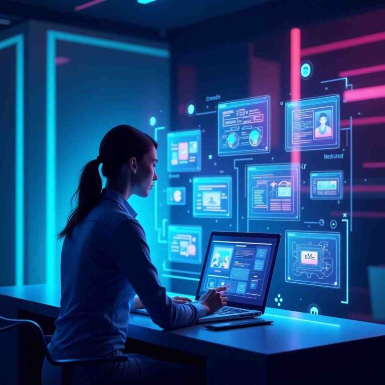 A student using AI for exam preparation in a futuristic digital workspace, surrounded by AI-powered study tools and interactive learning screens.