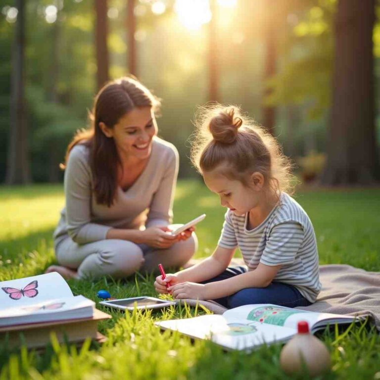 A young child engaged in self-directed learning outdoors, sketching a butterfly in a notebook, with books and educational materials around. A supportive parent watches nearby, embracing the Unschooling Movement approach.