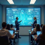 Students engaging with AI-driven education tools, including an AI-powered tutor and interactive smart learning platforms in a futuristic classroom.