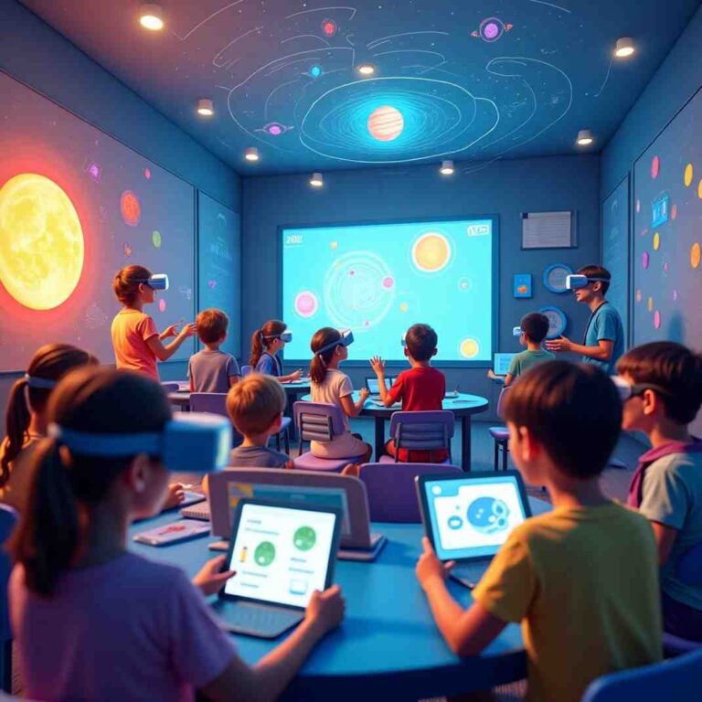 An edutainment-based futuristic classroom where children use VR headsets, tablets, and interactive screens to learn about the solar system in an engaging, gamified environment