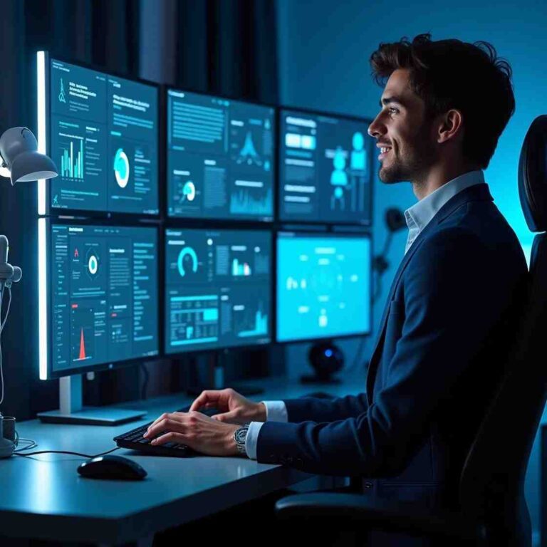 A professional working in a futuristic AI-powered workspace with multiple screens displaying AI-generated content, automation tools, and analytics, symbolizing successful AI-powered side hustles and online work opportunities.