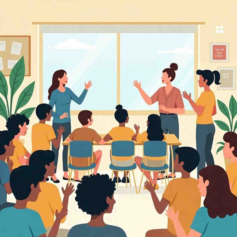 A diverse group of students and teachers in a supportive classroom, promoting mental health in education through open discussions and well-being activities.