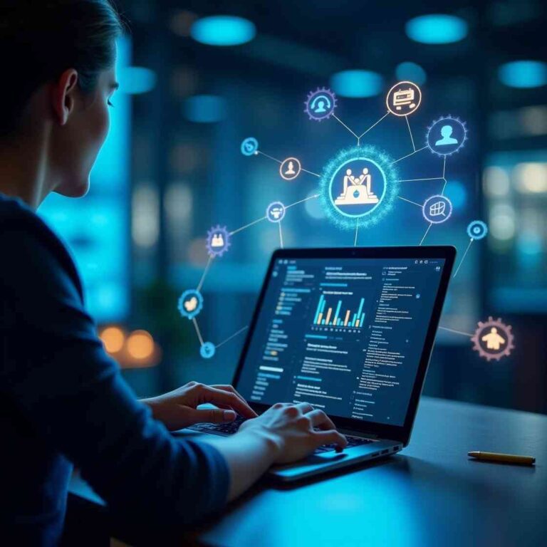 A person using AI-powered tools on a laptop in a futuristic digital workspace to earn money from AI through automation and content creation.