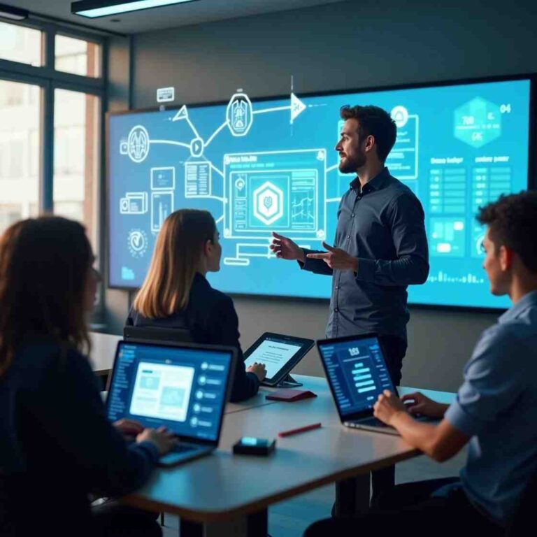 A futuristic digital classroom where students and teachers use the Best Free AI Tools for enhanced learning and teaching.