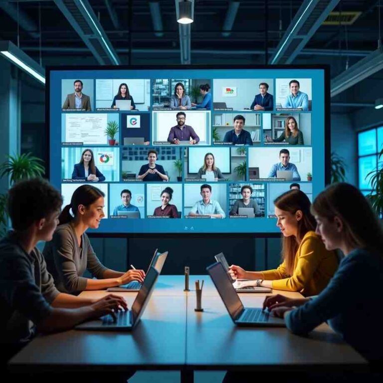 A group of students collaborating in a modern workspace, using laptops and tablets, with a large screen displaying virtual participants and social learning tools.