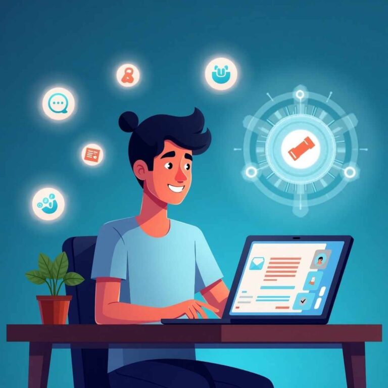 A student using ChatGPT for studying, sitting at a desk with a laptop displaying an AI chat interface, surrounded by floating educational icons.