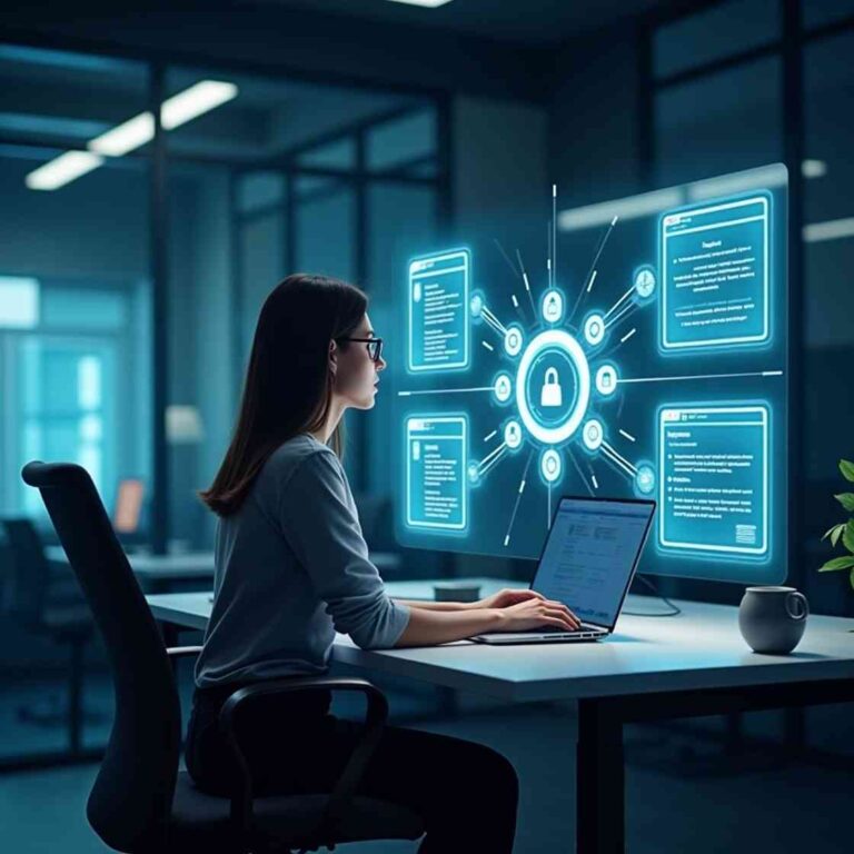 AI Helps Manage Time and Tasks in a futuristic workspace where a professional uses AI-powered tools to optimize productivity and workflow efficiency.