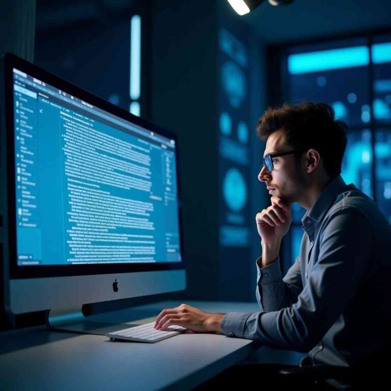 A professional writer using AI-powered blog writing software on a futuristic computer screen, comparing AI-generated content with human-written text in a high-tech workspace.