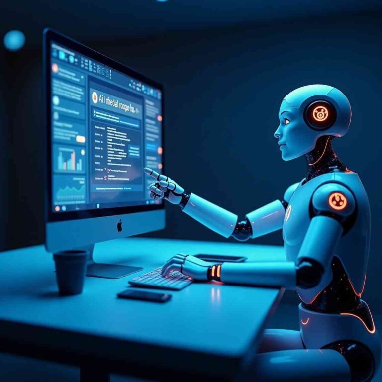 A futuristic AI-powered robot using AI-Powered Social Media Tools on a computer screen for automated content creation and engagement.