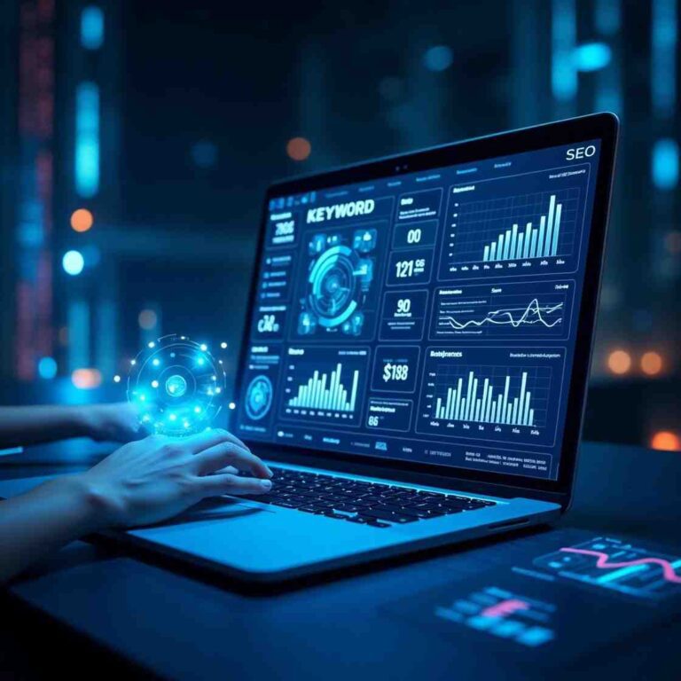 AI SEO dashboard displaying AI-powered keyword analytics, ranking improvements, and backlink insights in a futuristic digital workspace.