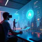 A futuristic AI in gaming scene featuring a gamer wearing a VR headset, interacting with AI-generated games and intelligent NPCs in a high-tech virtual environment.
