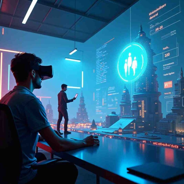 A futuristic AI in gaming scene featuring a gamer wearing a VR headset, interacting with AI-generated games and intelligent NPCs in a high-tech virtual environment.