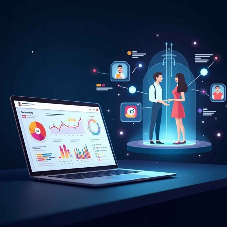 AI in Influencer Marketing – A futuristic digital marketing setup with AI-driven analytics, engagement metrics, and virtual influencer branding.