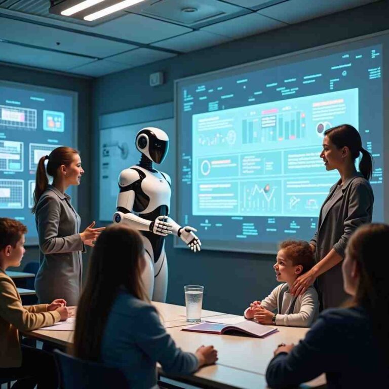 A futuristic classroom featuring AI vs Human Teachers, where a robotic AI instructor and a human teacher interact with students using advanced digital screens.