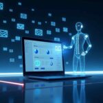 A futuristic workspace featuring AI Email Marketing Automation, with a laptop displaying an AI-powered email marketing dashboard, automated workflows, and a holographic AI assistant.