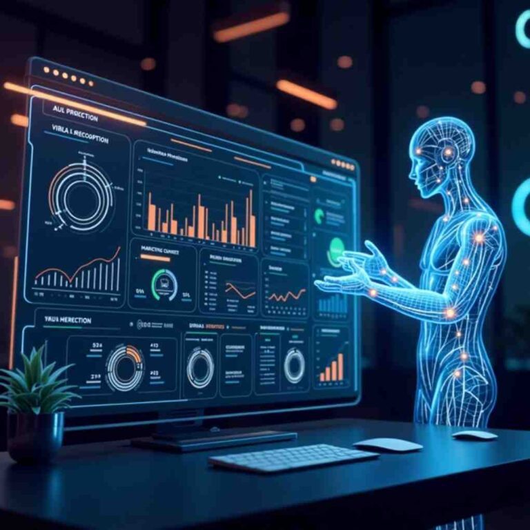Can AI Predict Viral Content? This image showcases AI analyzing data on a futuristic digital marketing dashboard, displaying the latest AI trends in marketing.