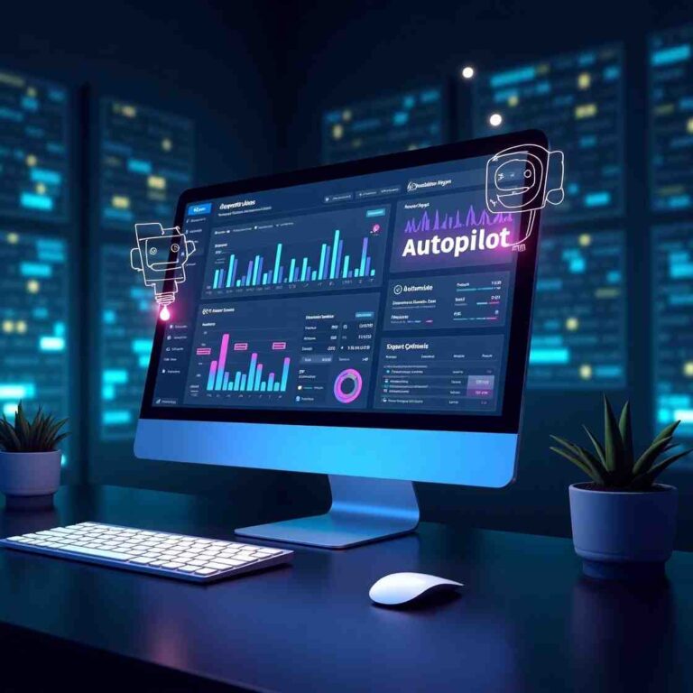 Affiliate Marketing with AI on autopilot, featuring an advanced AI-powered dashboard with automated earnings, analytics, and SEO optimization in a futuristic digital workspace.