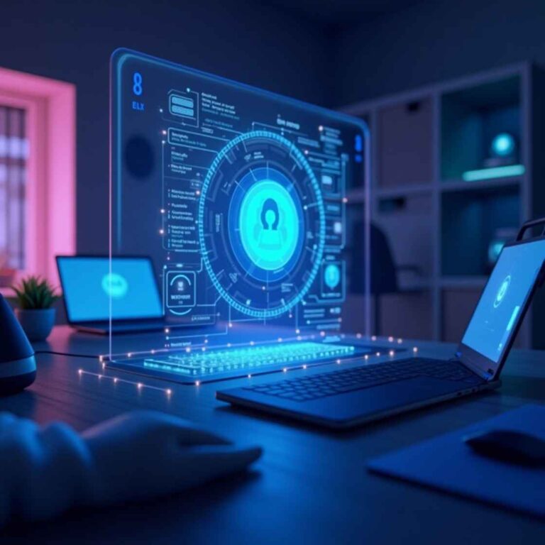 A futuristic workspace featuring AI-powered voice assistants with a glowing digital interface, smart home control, and advanced voice recognition technology.