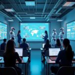 Future of AI in Education: A futuristic classroom in 2030 where artificial intelligence enhances learning through AI tutors, smartboards, and robotic assistants helping students.
