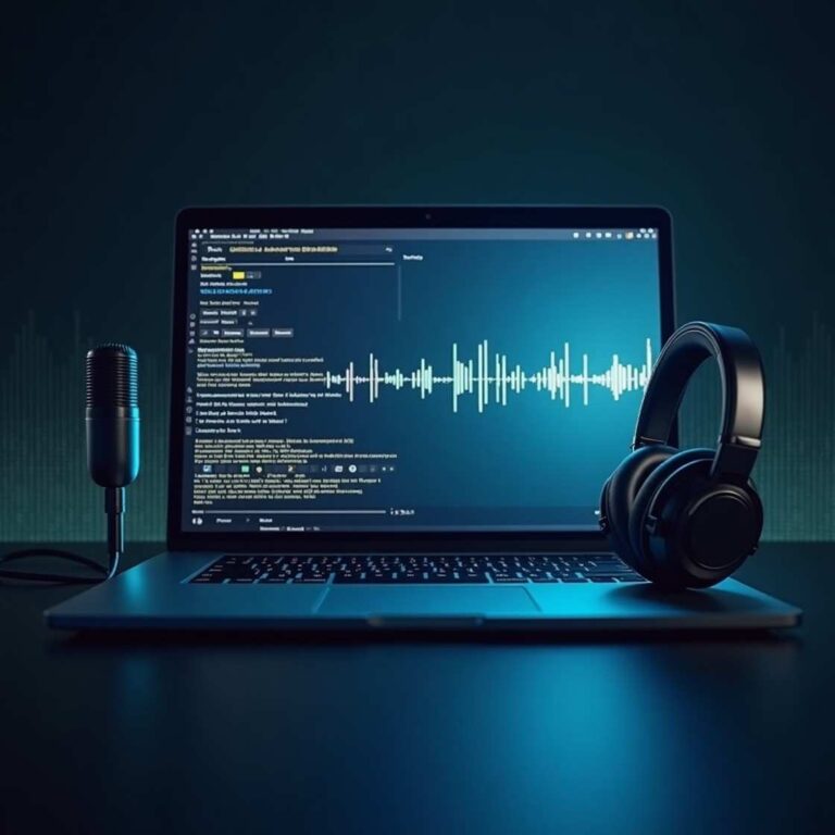 AI-generated voiceovers for free – A laptop displaying AI voiceover software with a microphone and headphones, symbolizing professional AI-powered text-to-speech technology.