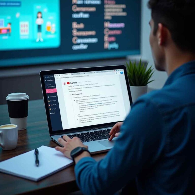A content creator using ChatGPT for writing blog posts and YouTube scripts on a laptop in a modern workspace.