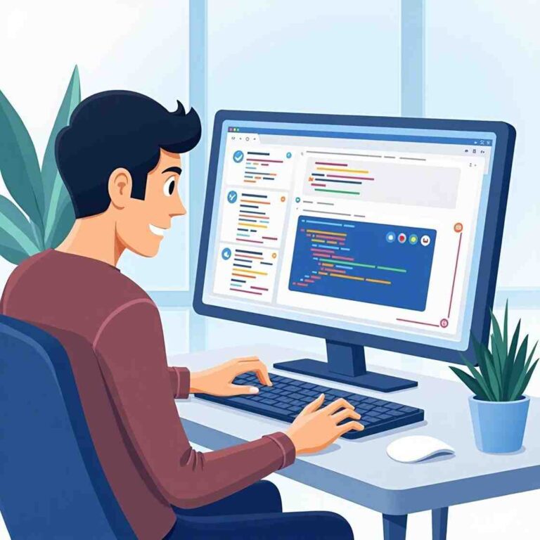 Developer using AI-powered coding tools like GitHub Copilot for smart code completions and suggestions.
