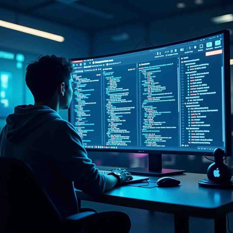 A developer working on AI GitHub projects in a futuristic workspace with a large digital screen displaying open-source AI code repositories.