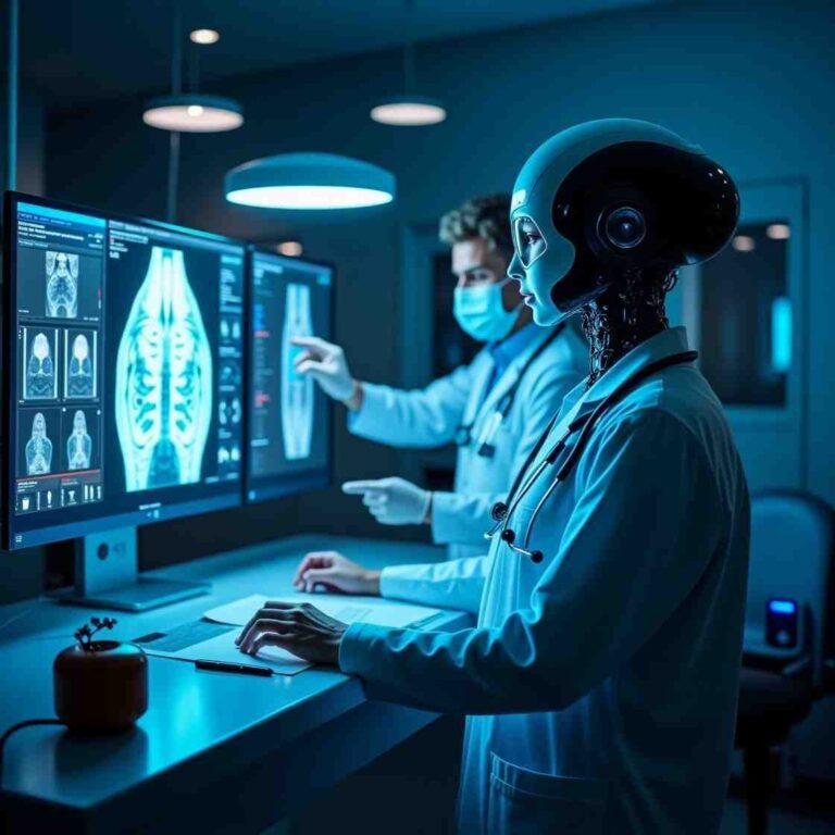 AI detects diseases early using advanced medical imaging and AI-powered healthcare diagnostics. A robotic assistant and doctor analyze X-ray and MRI scans to enhance early disease detection.