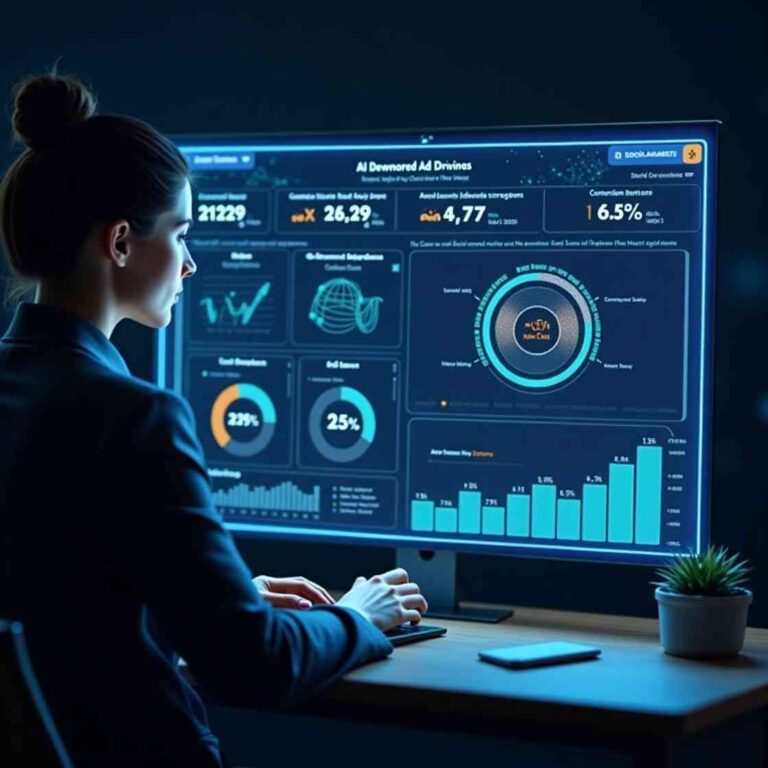 A futuristic AI-powered ad optimization dashboard displaying automated bidding, audience targeting, and real-time analytics for increased conversions.