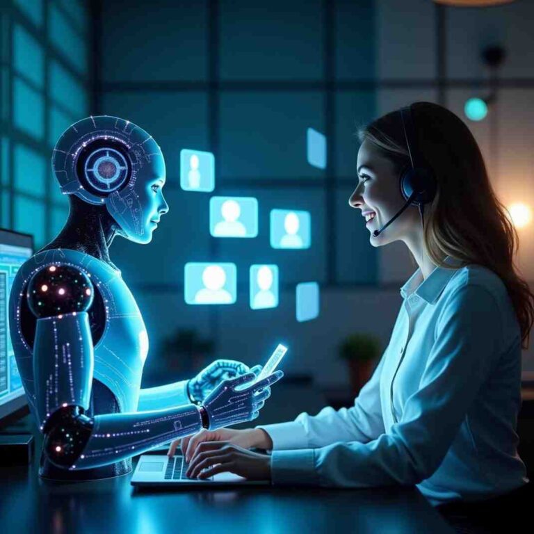 A futuristic comparison of AI-powered chatbots vs. human support, showing an AI chatbot and a human customer support agent interacting in a digital workspace.