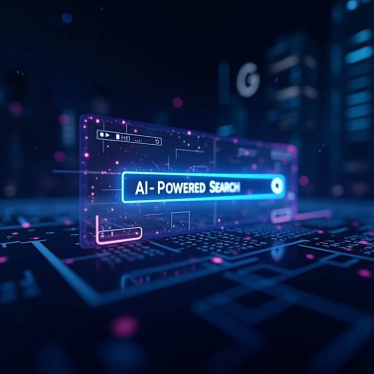 Futuristic AI-powered search engines interface with a glowing search bar, representing how AI-powered search engines compete with Google.