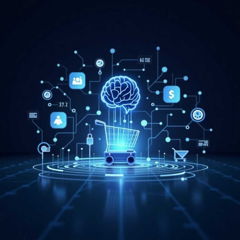 Visual representation of Affiliate Marketing with AI, featuring AI algorithms, digital marketing icons, and social media connections.