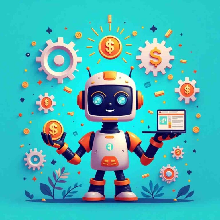 AI Money-Making Ideas for 2025 with futuristic technology, robots, gears, and dollar signs.