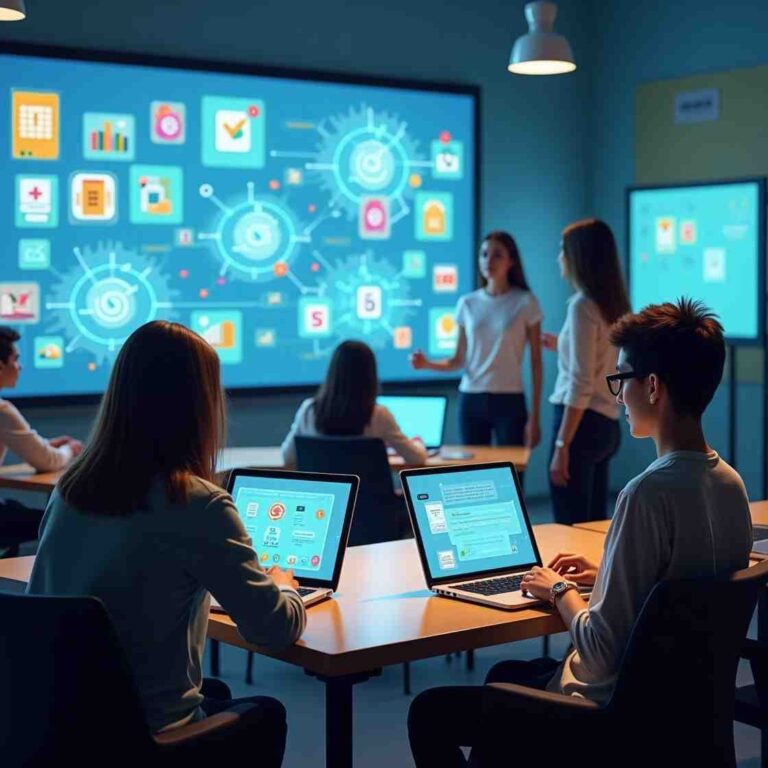 Students engaging with AI-powered tools for learning in a modern classroom, featuring holographic displays and interactive technology.