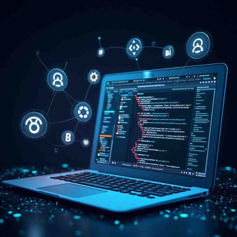 AI GitHub Projects displayed on a futuristic laptop with floating AI icons and digital project files.