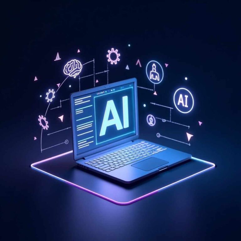 Futuristic digital workspace with glowing laptop and AI tool icons, representing Best Free AI Tools for productivity and creativity.