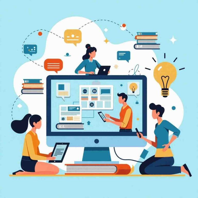 A visual representation of Social Learning Tools, featuring digital devices, online collaboration, and educational icons symbolizing virtual learning environments.
