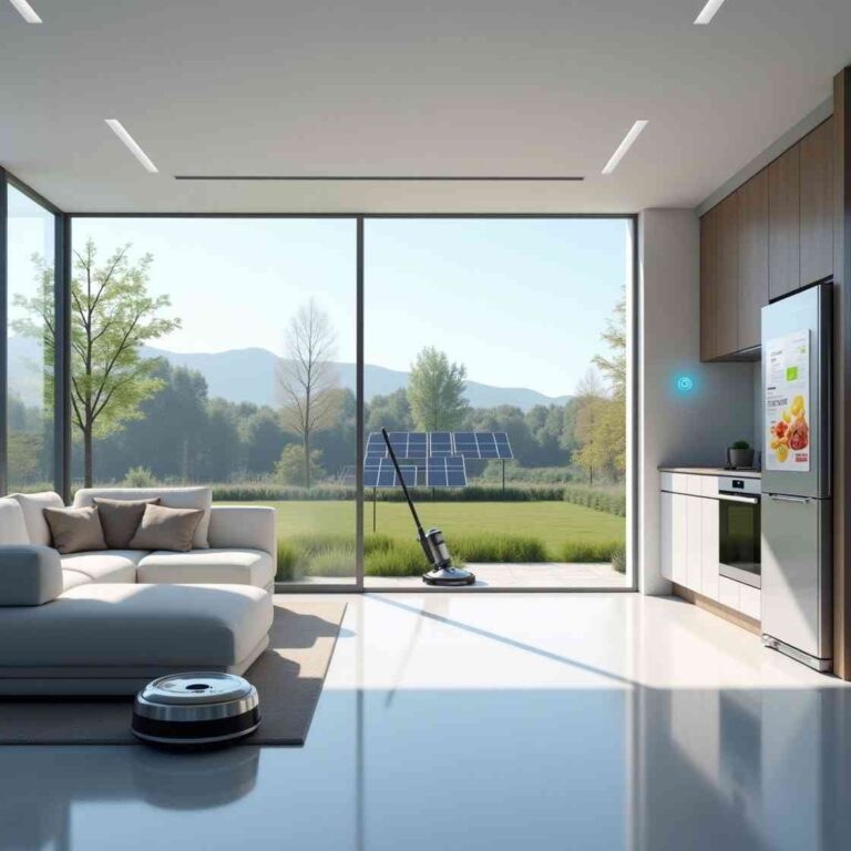 AI-powered smart home interior showcasing smart living technology in 2025, with automated lighting, holographic assistant, and smart kitchen appliances.