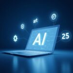 Illustration of AI text-to-image tools generating images from prompts on a laptop screen in a modern workspace