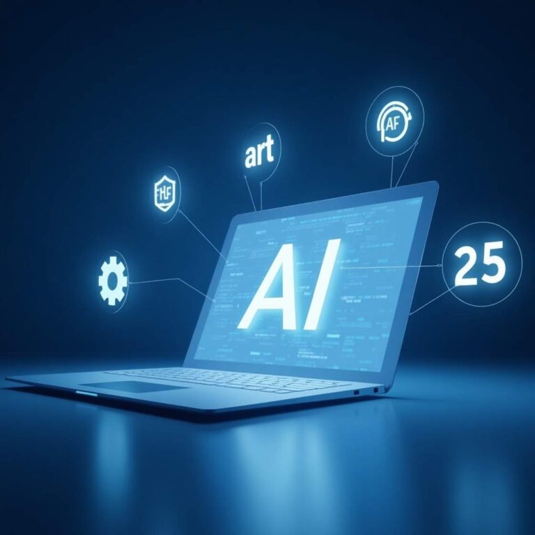 Illustration of AI text-to-image tools generating images from prompts on a laptop screen in a modern workspace