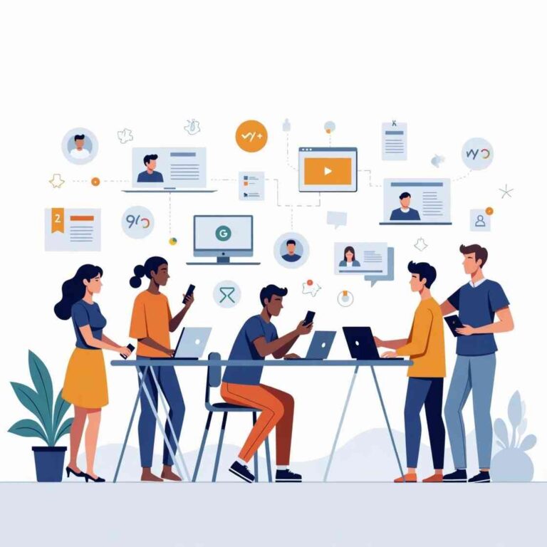 Build your future with Google: Diverse professionals using Google tools for career growth and digital learning.