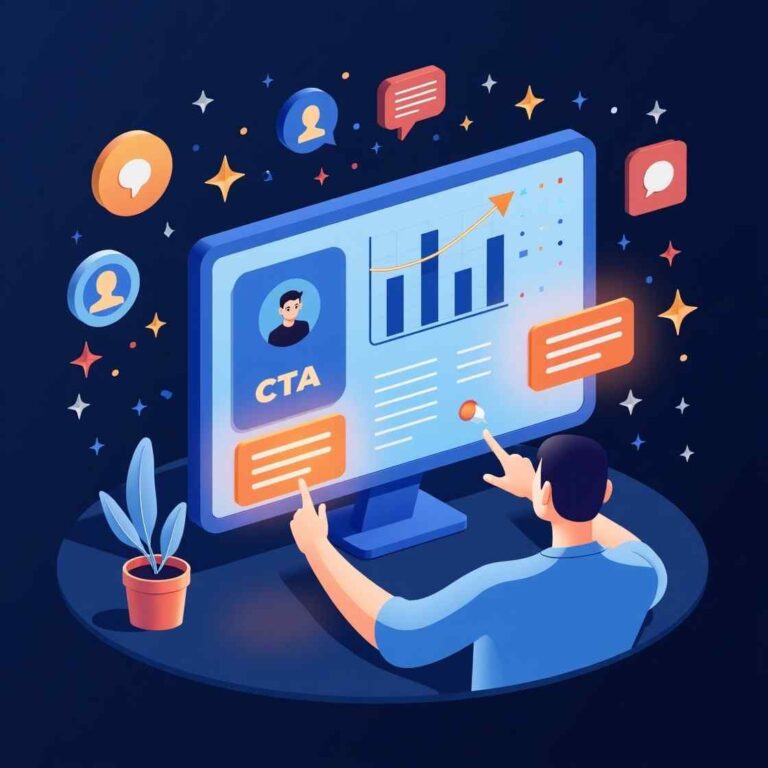Illustration of a user interacting with multiple Call to Action buttons on a website interface, showing engagement and digital marketing strategy.