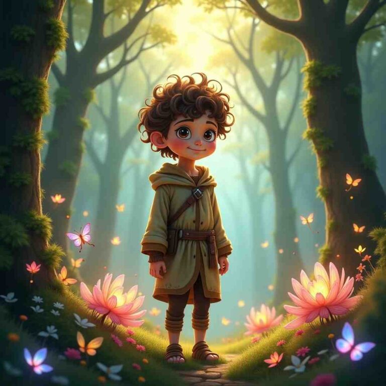 Fantasy scene featuring the Magical Forest Boy in an enchanting woodland with glowing plants and mystical creatures