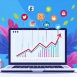 Illustration showing blog and social media content strategies for organic growth across platforms like Facebook, Instagram, and Twitter.