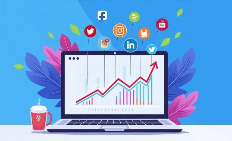 Illustration showing blog and social media content strategies for organic growth across platforms like Facebook, Instagram, and Twitter.