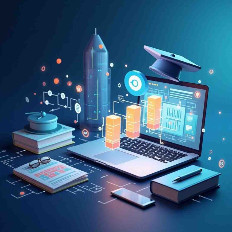 Top Courses 2025: A modern, futuristic representation of online education and career success with books, laptops, and graduation caps.
